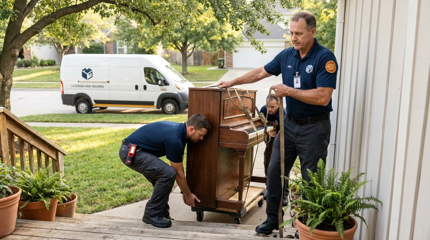 Licensed piano movers securing grand piano in Mount Vernon, GA