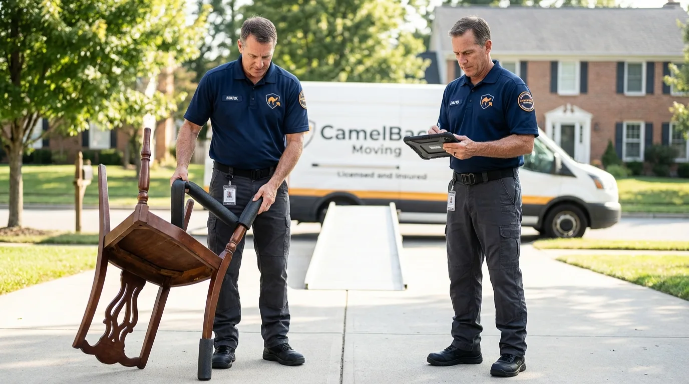 Movers inspecting furniture for damage prevention before loading in Mount Vernon, GA